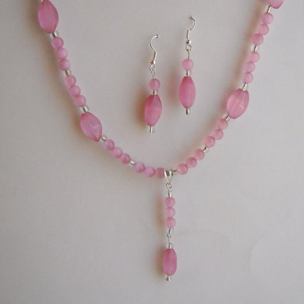 Pink Cats Eye Necklace Earring Set Drop Glass Beaded Handmade Magnetic Clasp New